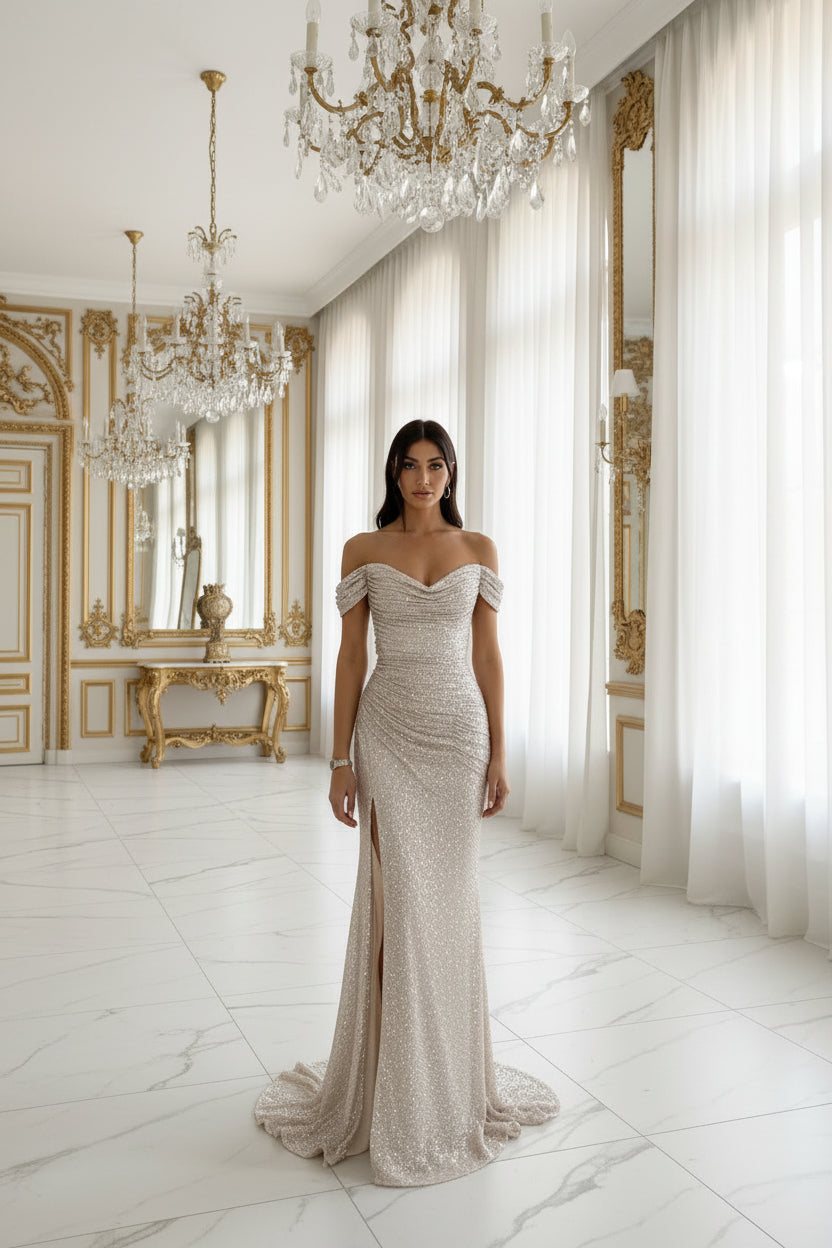 Aura | Vestido Maxi Champán Brillo