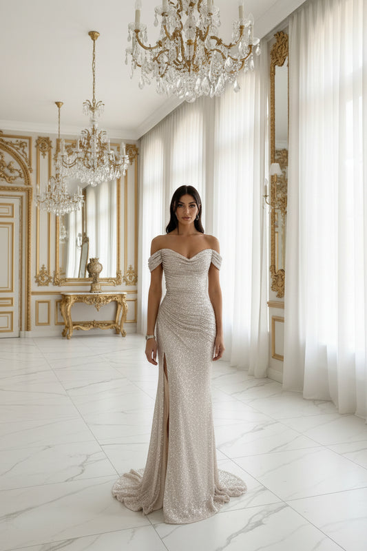 Aura | Vestido Maxi Champán Brillo